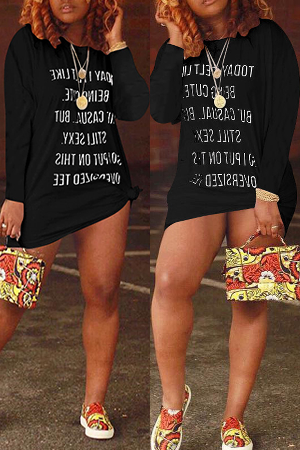 

Lovely Euramerican Long Sleeves Letters Printed Black Mini Dress
