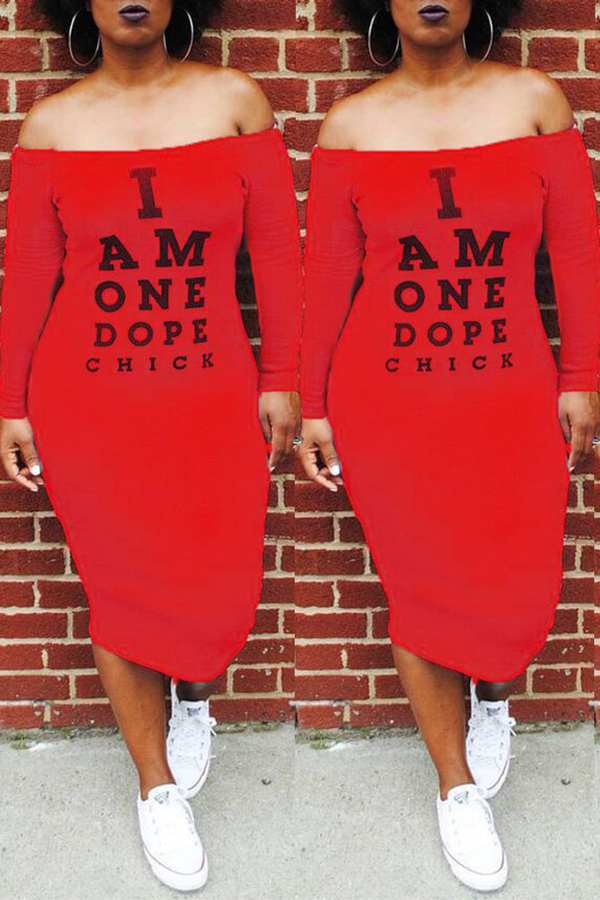 

Lovely Euramerican Long Sleeves Letters Printed Red Twilled Satin Mid Calf Dress