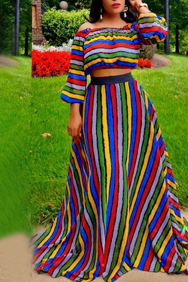 

Lovely Casual Striped Show Hilum Multicolor Two-piece Skirt Set