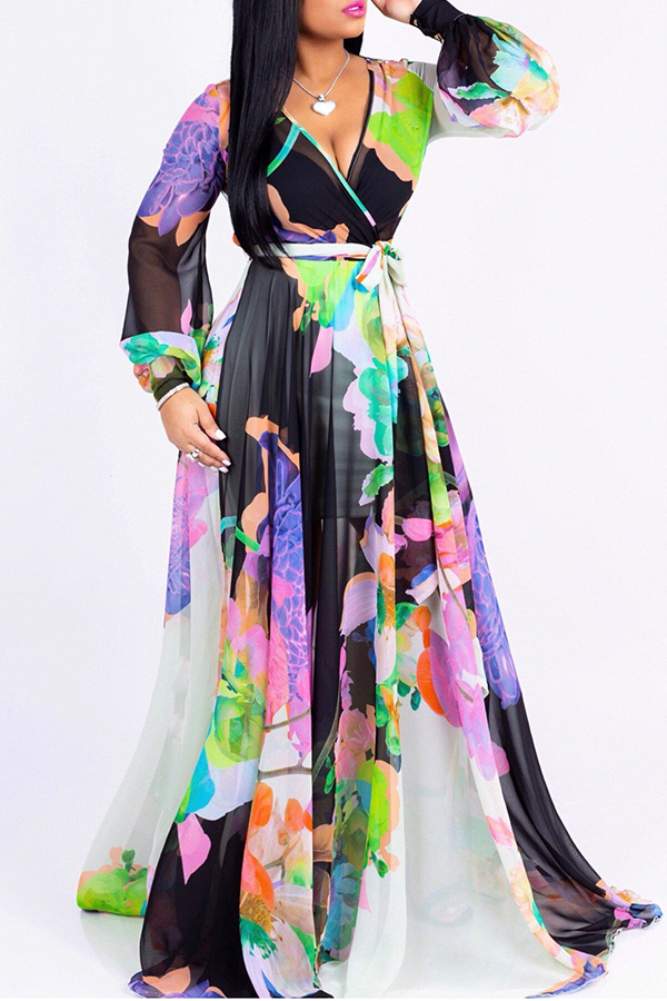 

Lovely Bohemian Floral Printed White Chiffon Floor Length Dress