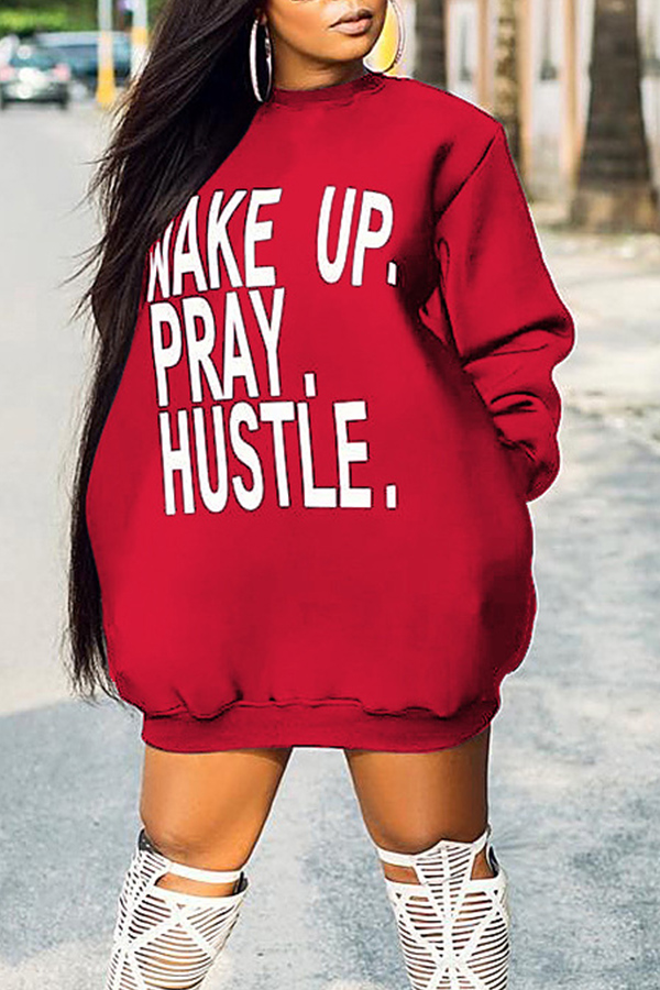 

Lovely Casual Long Sleeves Letters Printed Red Mini Dress