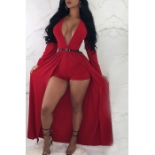 Lovely Casual V Neck Red One-piece Rompers(Without