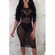 Lovely Sexy See-through Printed Sheath Black Knee 