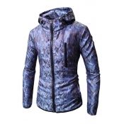 Lovely Casual Printed Zippered Blue Cotton Hoodies