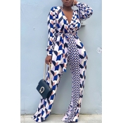 Lovely Casual Geometric Printed Blue One-piece Jum