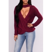 Lovely Casual Cross-over Design Purplish Red Sweat