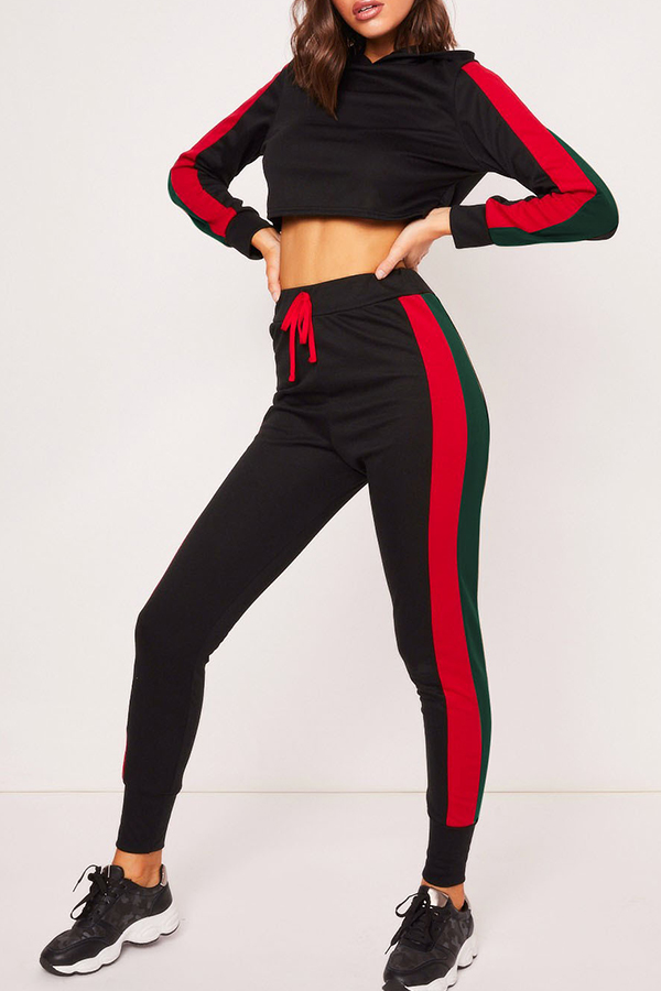 

Lovely Casual Hooded Collar Striped Black Blending Two-piece Pants Set