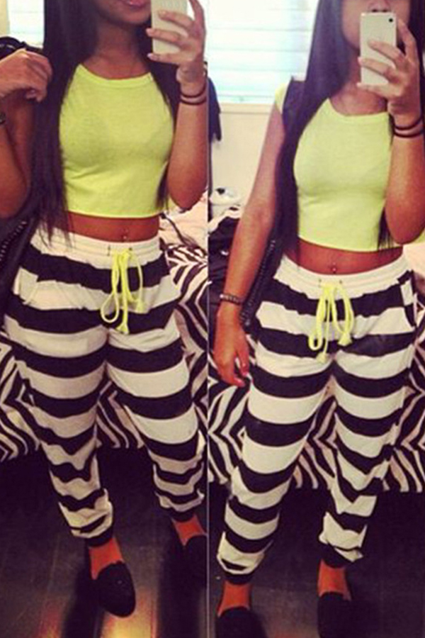 

Lovely Casual Striped Lace-up Multicolor Blending Two-piece Pants Set