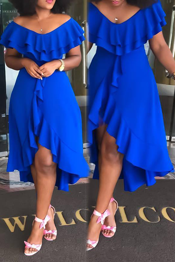 

Lovely Casual Asymmetrical Flounce Blue Twilled Satin Mid Calf Dress