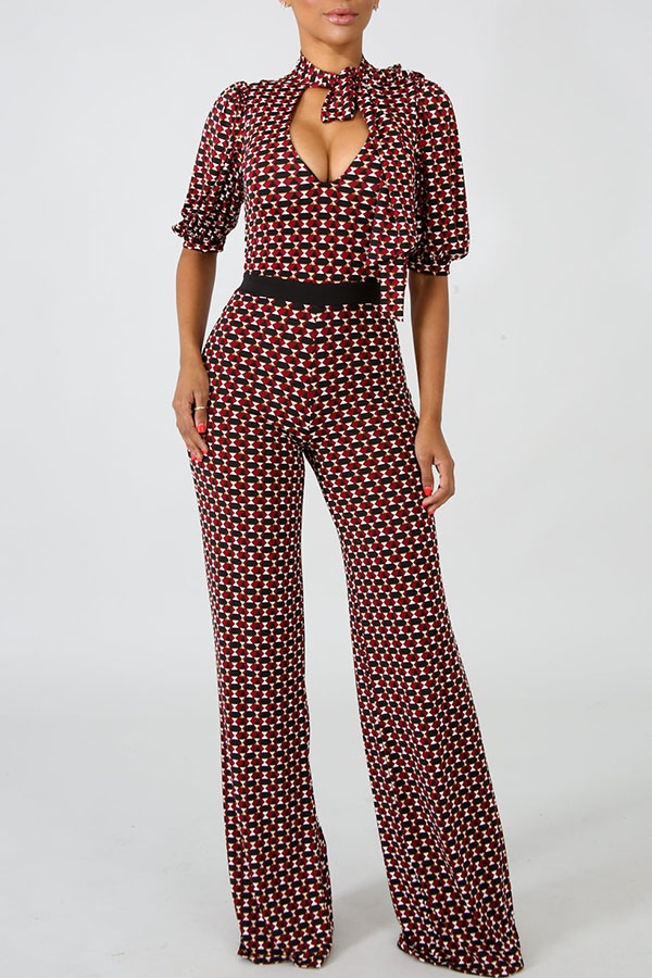 

Lovely Euramerican Geometric Printed Wine Red Blending One-piece Jumpsuit