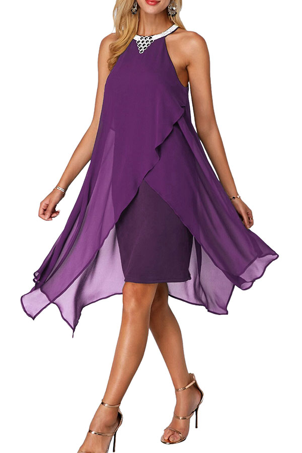 Lovely Casual Asymmetrical Purple Chiffon Mid Calf Dress_Dresses ...