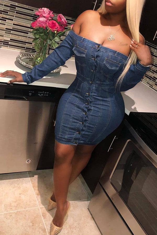

Lovely Euramerican Dew Shoulder Buttons Design Blue Denim Mini Dress