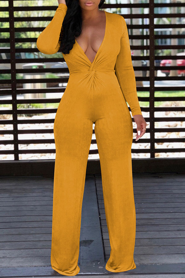 

Lovely Euramerican V Neck Folds Design Yellow One-piece Jumpsuit
