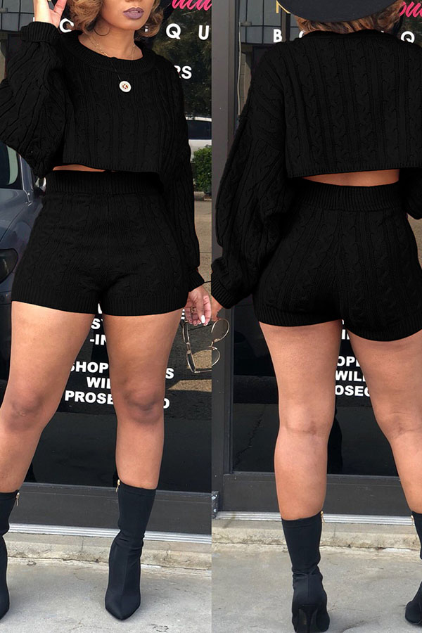 

Lovely Trendy Puffed Sleeves Black Two-piece Skirt Set