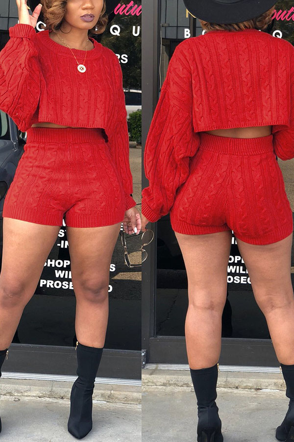 

Lovely Trendy Puffed Sleeves Red Two-piece Skirt Set