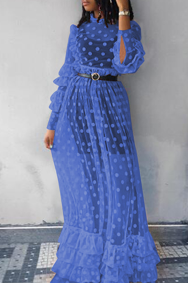 

Lovely Casual Dots Printed Blue Gauze Floor Length Dress(Without Subcoating And Belt)