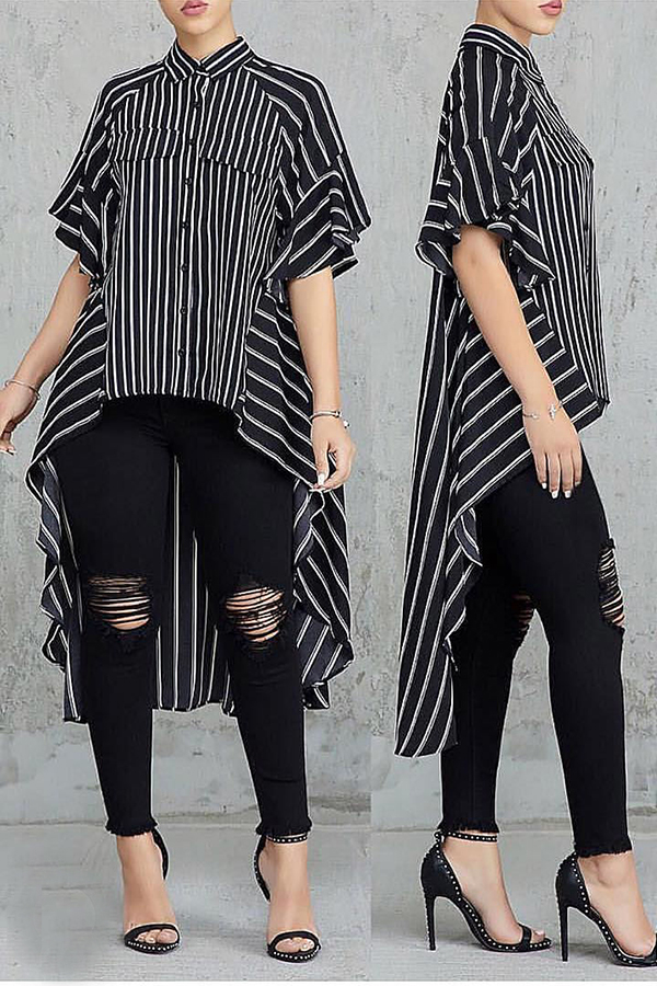 

Lovely Casual Asymmetrical Striped Black Blouses