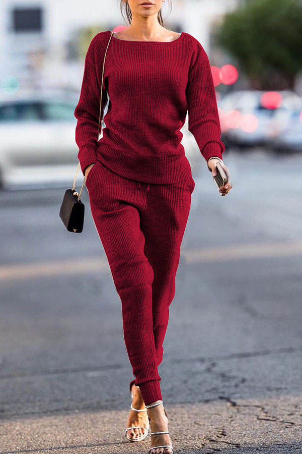 

Lovely Trendy Pockets Wine Red Blending Two-piece Pants Set