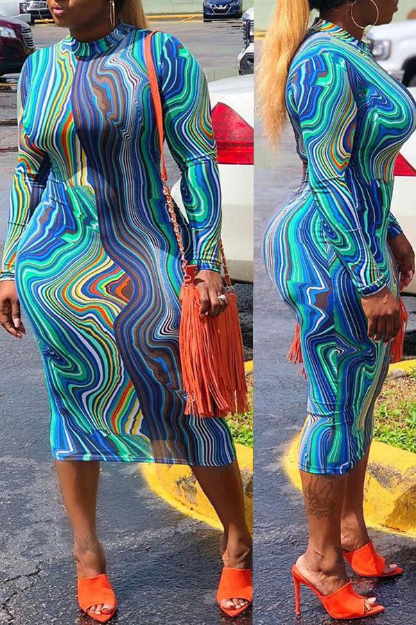 

Lovely Euramerican Printed Slim Green Mid Calf Dress