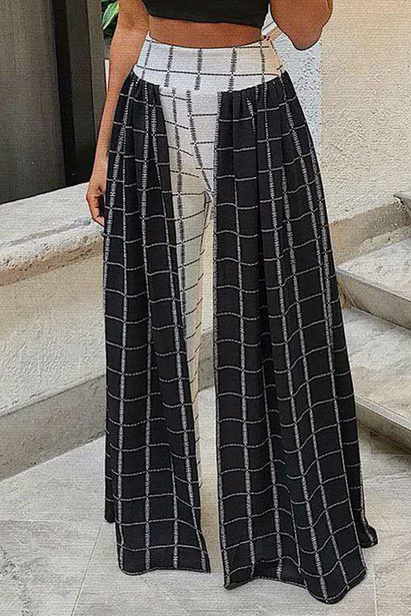 

Lovely Euramerican Grids Printed Loose Black Twilled Satin Pants