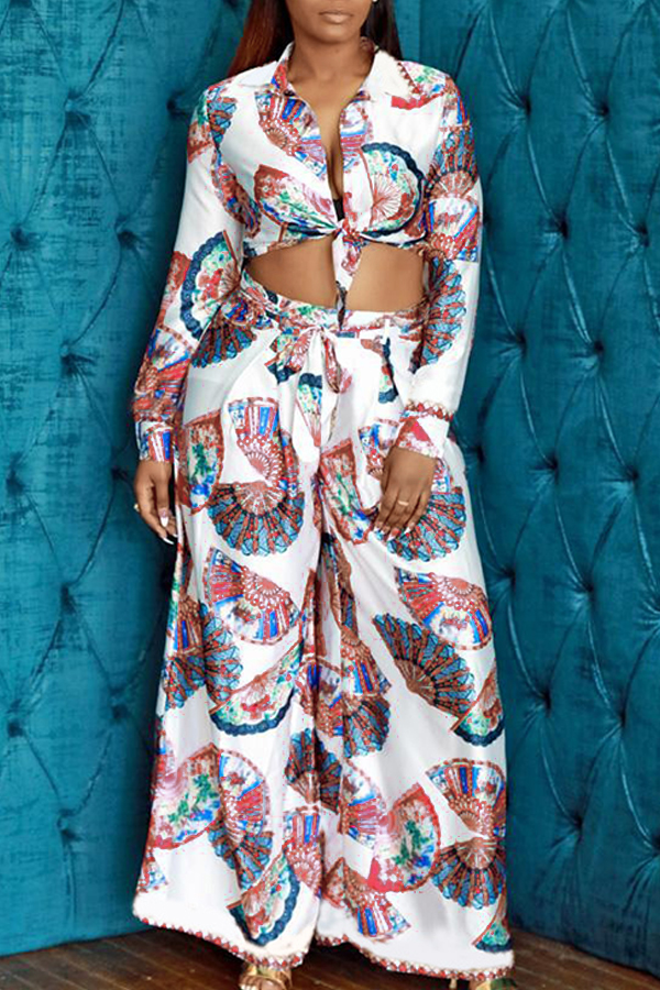 

Lovely Euramerican Printed Loose White Two-piece Pants Set