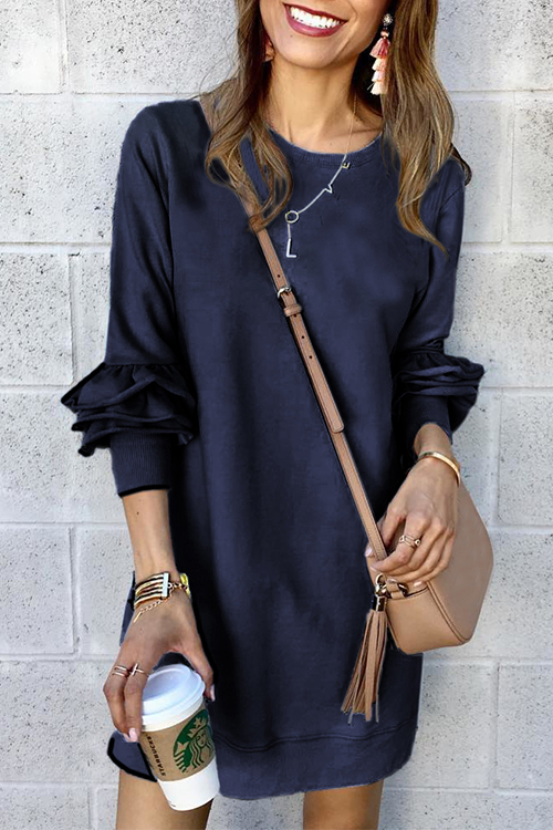 

Lovely Casual Heaps Sleeves Dark Blue Blending Mini Dress