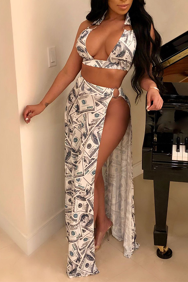 

Lovely Casual Side High Slit Printed White Two-piece Skirt Set