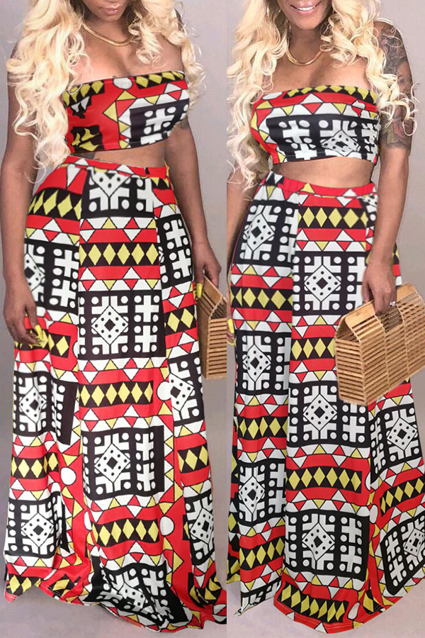 

Lovely Casual Dew Shoulder Printed Red Cotton Blends Two-piece Skirt Set