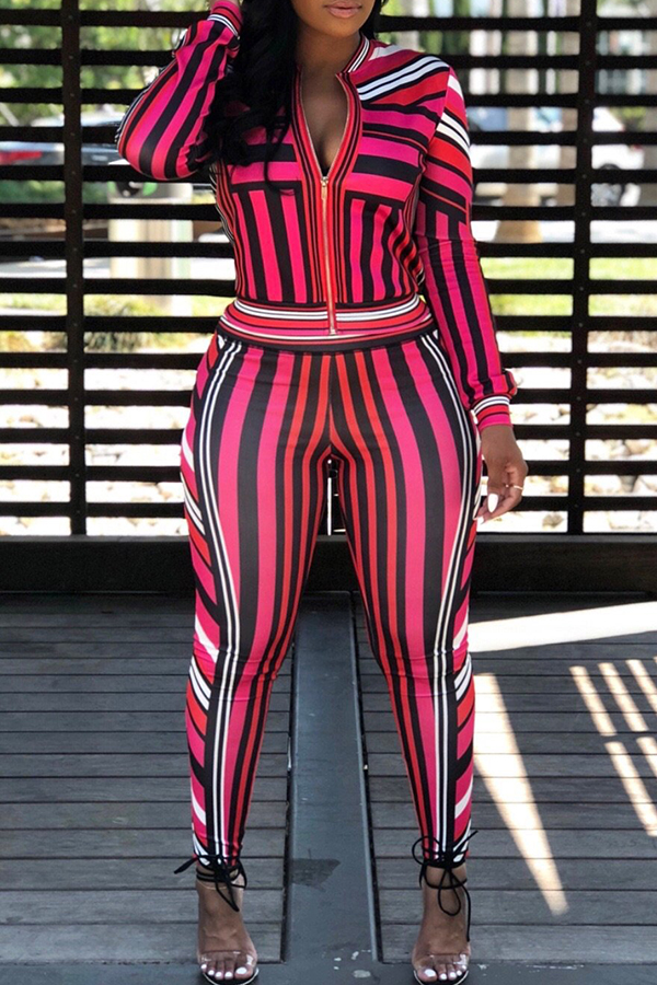 

Lovely Casual Striped Skinny Red Twilled Satin Two-piece Pants Set