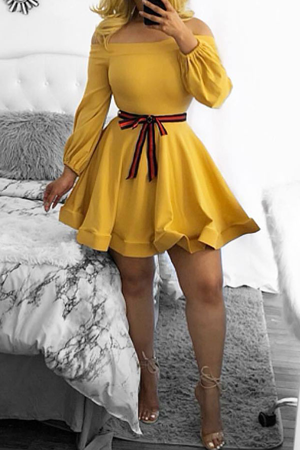 

Lovely Casual Dew Shoulder Lace-up Yellow Cotton Blends Mini Dress(With Belt)