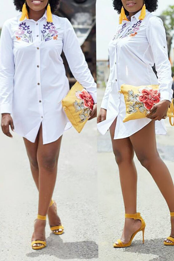 

Lovely Casual Embroidery Design White Mini Dress