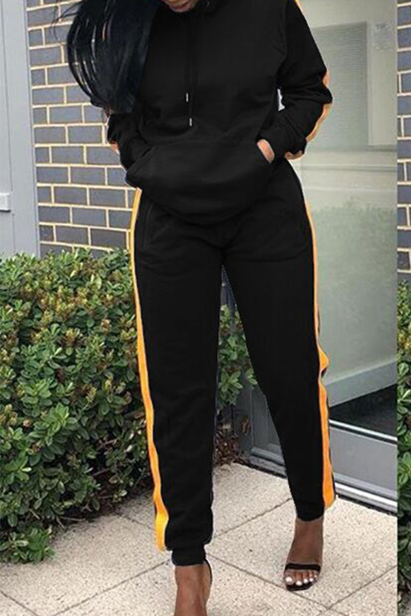 

Lovely Casual Hooded Ccollar Patchwork Black Two-piece Pants Set