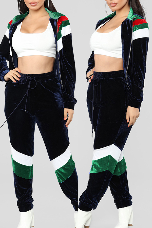 

Lovely Sportswear Patchwork Green Velvet Two-piece Pants Set