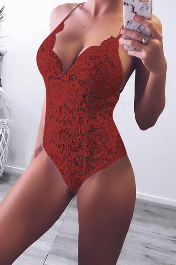 

Lovely Sexy Hollowed-out Wine Red Bodysuit