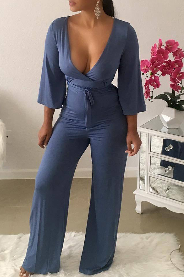 

Lovely Casual Deep V Neck Loose Royal Blue One-piece Jumpsuit
