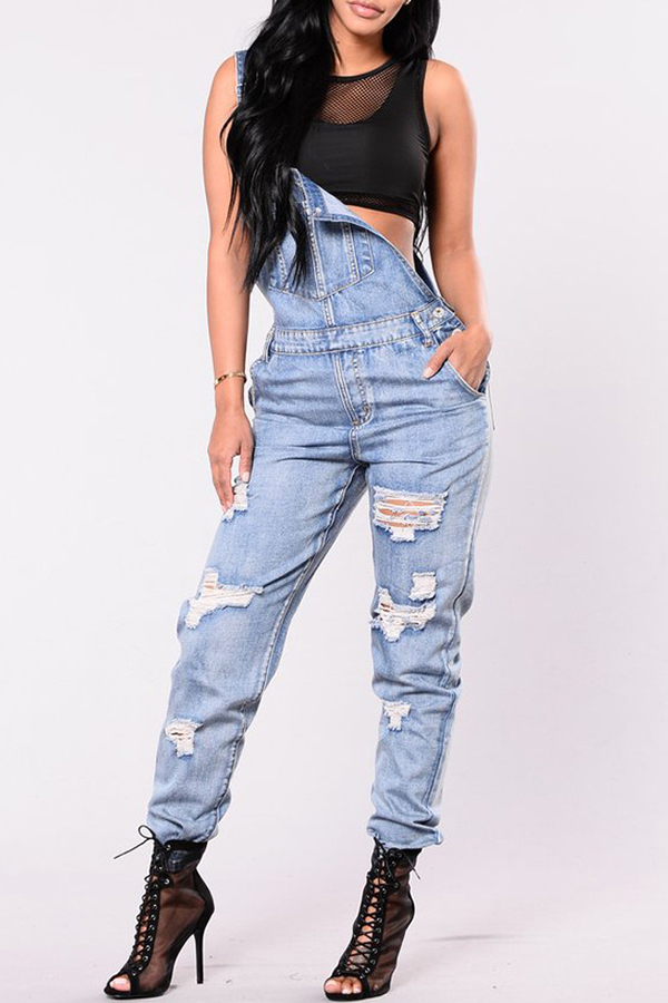 

Lovely Casual Broken Holes Light Blue Denim One-piece Jumpsuit