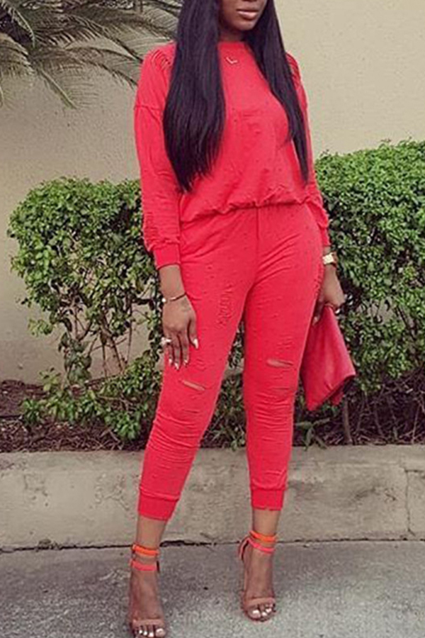 

Lovely Casual Broken Holes Red Twilled Satin Two-piece Pants Set