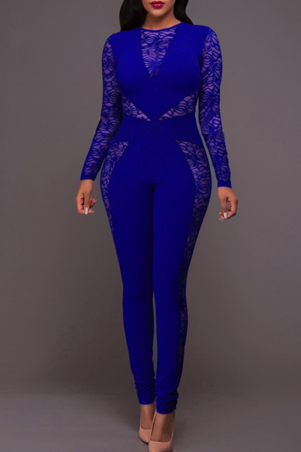 

Lovely Trendy Patchwork Deep Blue Lace One-piece Jumpsuit