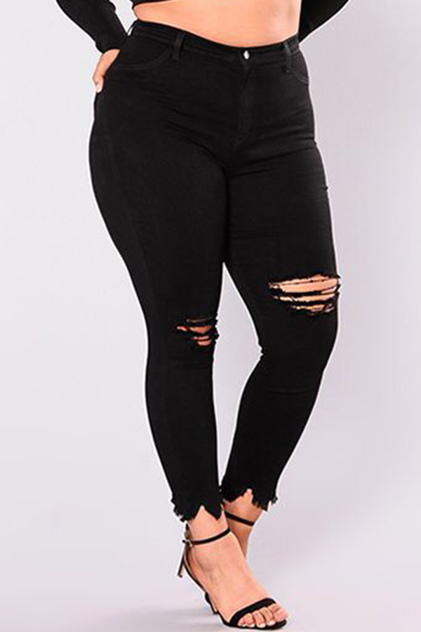 

Lovely Casual Broken Holes Torn Edges Black Jeans