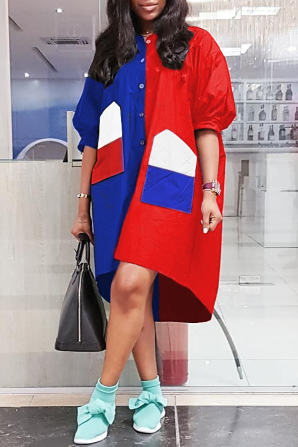 

Lovely Euramerican Hubble-bubble Sleeves Patchwork Red Knee Length Dress