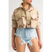Lovely Casual Camouflage Printed Short Khaki Jacke