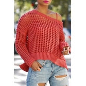 Lovely Casual Dew Shoulder Hollowed-out Bright Red