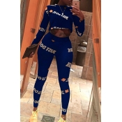 Lovely Casual Letters Printed Blue Two-piece Pants