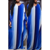 Lovely Casual Striped Loose Blue Floor Length Dres