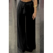 Lovely Casual Lace-up Loose Black Chiffon Pants