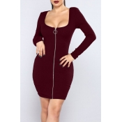 Lovely Casual Long Sleeves Slim Wine Red Knitting 