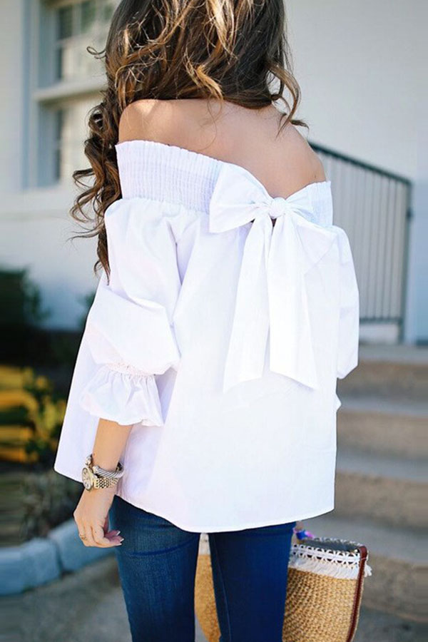 

Lovely Casual Bow-Tie Design White Cotton Blouses