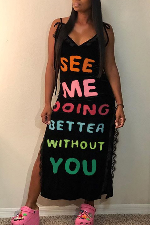 

Lovely Casual Sleeveless Letters Printed Black Ankle Length Dress