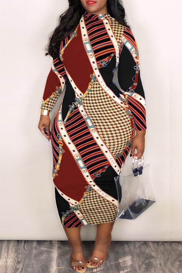 

Lovely Casual Color-lump Patchwork Brown Blending Mid Calf Dress