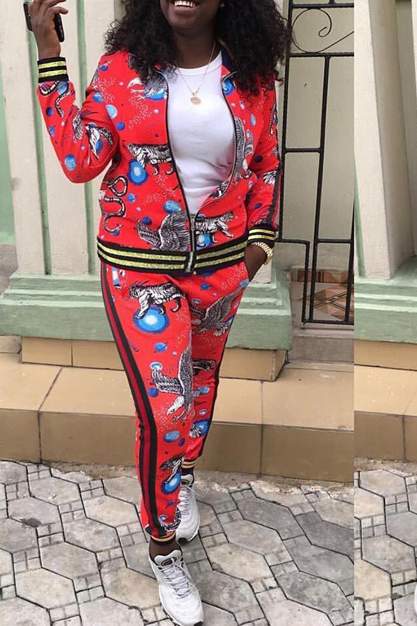 

Lovely Casual Printed Red Twilled Satin Two-piece Pants Set